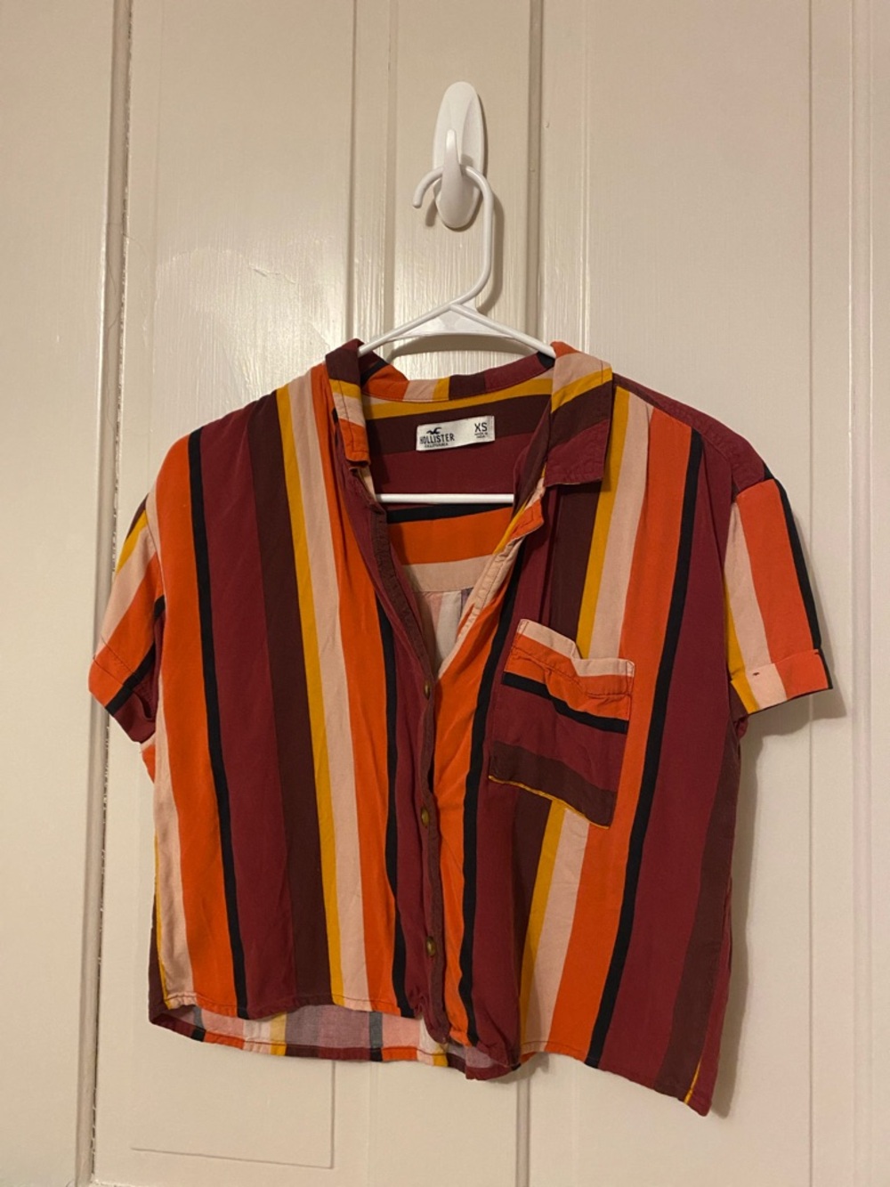 Hollister Striped Short-Sleeve Button-Up in Red, Orange & Yellow